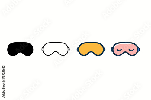 Sleep Mask Icons. Vector icon sleep mask same pose same proportions four styles black solid glyph outline minimal flat multicolor filled cartoon flat shaded.