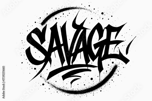 Bold Graffiti Calligraphy. Savage, bold graffiti calligraphy, wild raw tone, surrounded by spray dots, circular frame composition, clean white background,