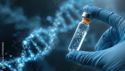 A gloved hand holds a vaccine vial against a glowing, abstract, double helix DNA strand