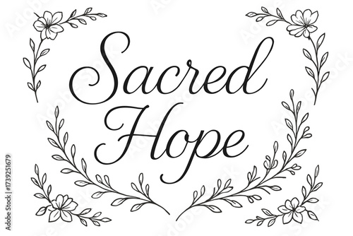 Sacred Hope Calligraphy. Sacred Hope, thin line calligraphy, smooth curves, balanced composition, clear readable letters, consistent style, surrounded by