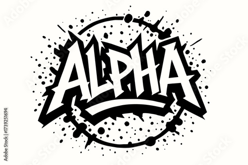 Bold Graffiti Alpha. Alpha, graffiti lettering, bold jagged tone, surrounded by splatters, circular frame composition, clean white background, vector look,