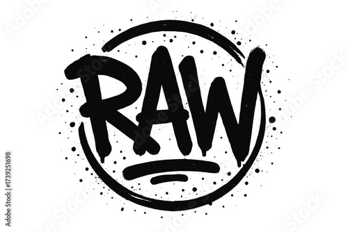 Graffiti Art Circle. Raw, graffiti style lettering, thick rugged strokes, surrounded by splatter dots, circular frame composition, clean white background,
