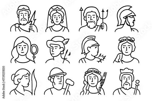 Roman Mythology Icons. Roman Mythology. Line icon set of Roman Mythology: Jupiter, Juno, Neptune, Mars, Venus, Mercury, Minerva, Apollo, Diana, Vulcan, Ceres,