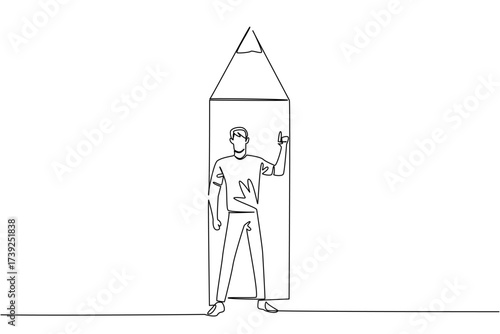 Single continuous line drawing a man standing in front of the bottom end of a pencil with a gesture. Writing solutions is the right way. National Creativity Day. One line design vector illustration