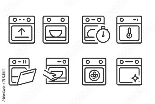 Oven Cooking Icons. Outline icon set of oven cooking steps: preheat, place dish, set timer, monitor cooking, open door, remove dish, cool down, clean oven.