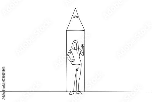 Single one line drawing a woman standing in front of bottom end of pencil with a gesture. Binding the best ideas through writing. National Creativity Day. Continuous line design graphic illustration