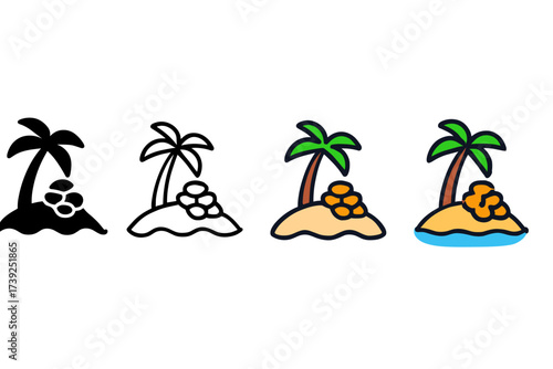 Island Treasure Icons. Vector icon island with treasure coins same pose same proportions four styles black solid glyph outline minimal flat multicolor filled