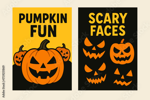Creepy Pumpkin Banners. Two vertical A6 banners, flat vector design, bright yellow and black backgrounds, creepy jack o lanterns, cartoon style, first banner