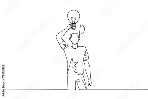Continuous one line drawing a man with head uncover and lifts a lightbulb above his head. Bringing out the best brilliant ideas. National Creativity Day. Single line draw design vector illustration