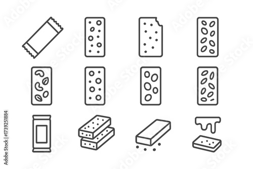 Granola Bar Icons. Granola bars. Line icon set of granola bars: wrapped bar, unwrapped bar, half-eaten bar, broken bar, bar with nuts, bar with chocolate