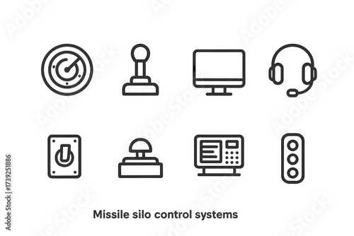 Missile Silo Controls Icons. Outline icon set of missile silo control systems: radar screen, joystick controller, computer monitor, communication headset,