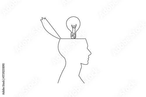 Single continuous line drawing the top of the head is open and there is light bulb above. Putting out very rational ideas. Solve problem. National Creativity Day. One line design vector illustration