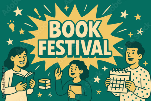 Vibrant Book Festival Showcase. Book Festival banner, flat vector illustration, bold oversized text inside splash explosion, cartoon characters holding books