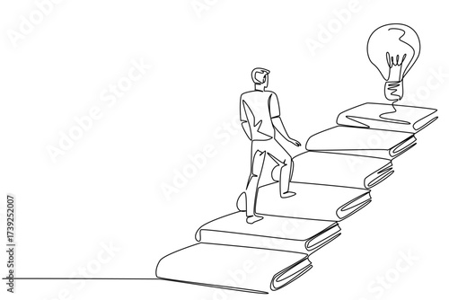 Single one line drawing a man walks on stairs made of books and a floating light bulb. Reading to find the best solution. Idea. National Creativity Day. Continuous line design graphic illustration