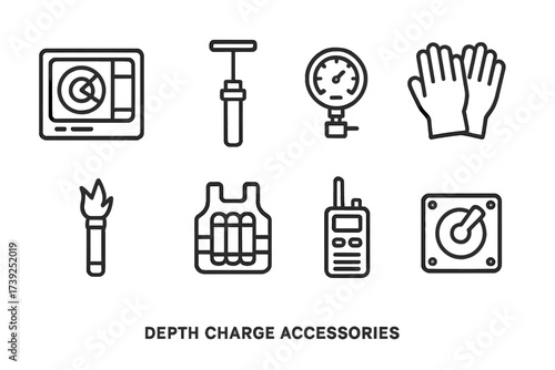Depth Charge Icon Set. Outline icon set of depth charge accessories: sonar device, detonator tool, pressure gauge, safety gloves, signal flare, explosive vest,
