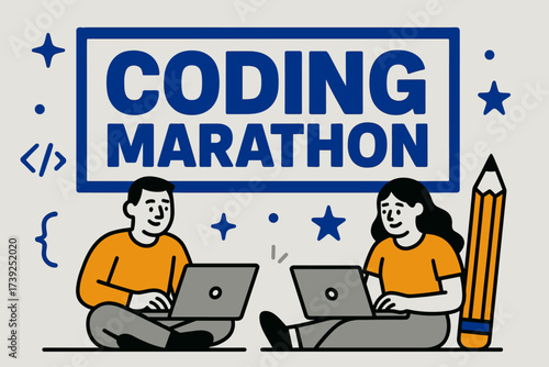 Coding Marathon Banner. Coding Marathon banner, flat vector illustration, bold oversized text inside rectangular frame, cartoon characters sitting with laptops
