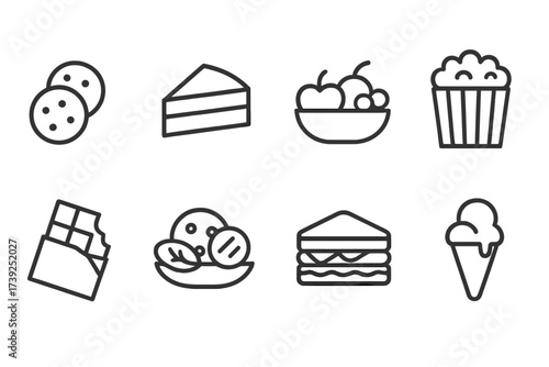 Black Outline Icon Sets. Outline icon set of cuddle foods: cookies, cake slice, fruit bowl, popcorn, chocolate bar, cheese platter, sandwich, ice cream. Line