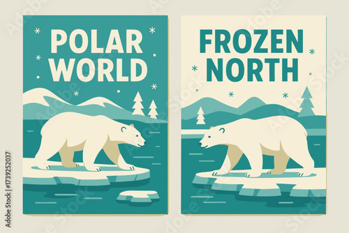 Polar Winter Banners. Two vertical A6 banners, flat vector design, turquoise and cream backgrounds, polar bears walking on ice, arctic winter theme, first
