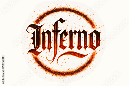 Fiery Gothic Calligraphy. Inferno, gothic calligraphy, fiery dramatic strokes, surrounded by sparks, circular frame composition, clean white background, vector