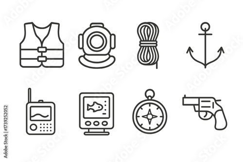 Boat Equipment Icons. Outline icon set of boat equipment and gear: life vest, diving helmet, rope coil, anchor, marine radio, sonar device, navigation compass,