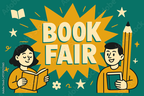 Vibrant Book Fair Banner. Book Fair banner, flat vector illustration, bold oversized text inside splash explosion, cartoon characters holding books and