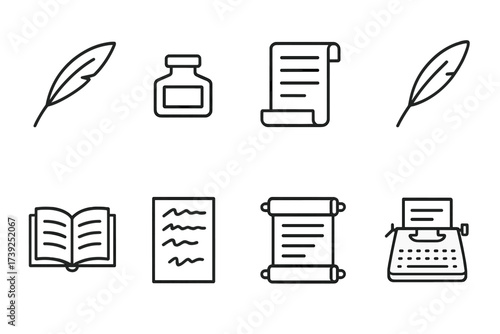 Poetry Writing Icons. Outline icon set of poem writing: quill pen, ink bottle, parchment paper, feather pen, open book, handwritten script, poetry scroll,