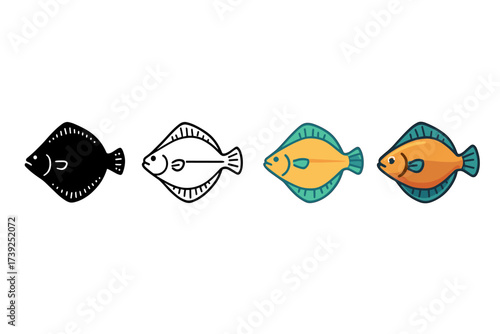 Halibut Icon Styles. Vector icon halibut flatfish same pose same proportions four styles black solid glyph outline minimal flat multicolor filled cartoon flat