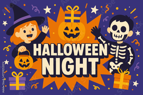 Halloween Night Excitement. Halloween Night banner, flat vector illustration, bold oversized text inside splash explosion, cartoon characters waving with