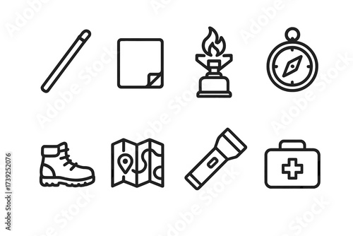 Camping Gear Icons. Outline icon set of camping gear: tent pole, groundsheet, portable stove, compass, hiking boots, map, flashlight, first aid kit. Line icons