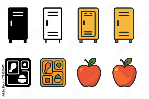 Colorful Icon Collection. Vector icon locker school same pose same proportions four styles black solid glyph outline minimal flat multicolor filled cartoon