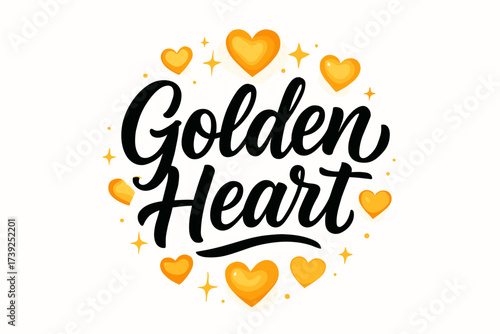 Golden Heart Glow. Golden Heart, modern hand lettering, smooth curves, balanced composition, clear readable letters, consistent style, surrounded by glowing