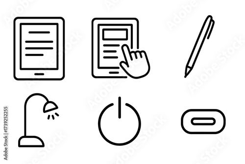 E-Reader Icons Set. Outline icon set of e-reader devices: e-reader tablet, e-ink display, touch screen, stylus pen, reading light, power button, home button,