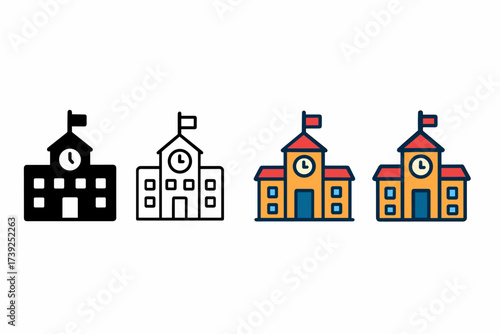 School Icon Styles. Vector icon school building same pose same proportions four styles black solid glyph outline minimal flat multicolor filled cartoon flat