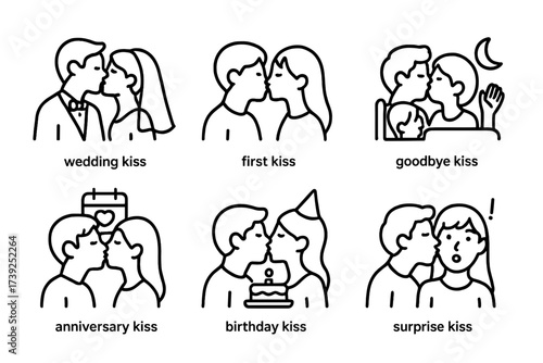 Kissing Icons Collection. Outline icon set of kissing occasions: wedding kiss, first kiss, goodbye kiss, goodnight kiss, anniversary kiss, birthday kiss,