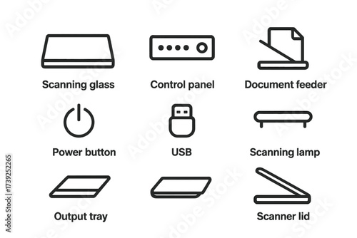 Scanner Parts Icons. Outline icon set of scanner parts: scanning glass, control panel, document feeder, power button, USB port, scanning lamp, output tray,