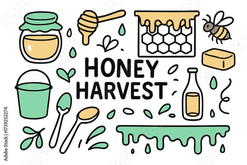 Honey Harvest Doodles. Honey harvest. Hand-drawn doodle illustration honey harvest honey jar (colored), honey dipper (colored), honeycomb frame, dripping honey