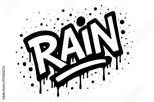 Graffiti in the Rain. Rain, graffiti lettering, dripping bold strokes, surrounded by splash dots, diagonal decorative composition, clean white background,