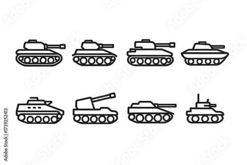 Tank Icons Set. Outline icon set of tank types: battle tank, light tank, heavy tank, amphibious tank, armored personnel carrier, self-propelled gun, tank