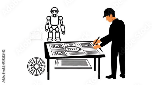 Engineer designing robotics and AI on a digital table, symbolizing technological innovation and future development