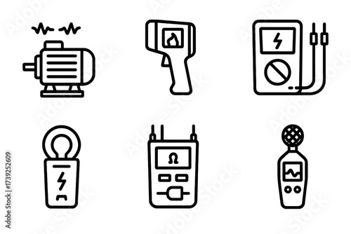 Motor Diagnostics Icons. Outline icon set of motor diagnostics: vibration analysis, thermal camera, multimeter, current sensor, insulation tester, motor