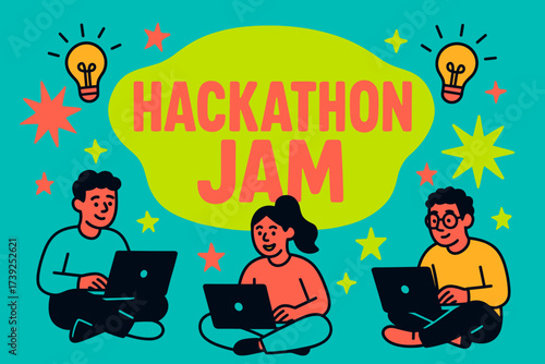Vibrant Hackathon Jam Banner. Hackathon Jam banner, flat vector illustration, bold oversized text inside rounded blob, cartoon characters sitting with laptops