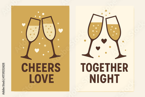 Celebration Banners. Two vertical A6 banners, flat vector design, gold and cream backgrounds, champagne glasses with bubbles, celebration romance, first banner
