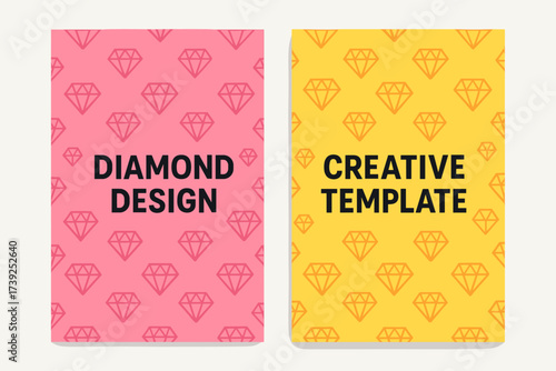 Playful Geometric Banners. Two vertical A6 banners, flat vector design, pink and yellow backgrounds, geometric diamonds seamless pattern, playful minimal,