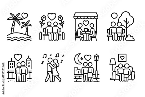 Romantic Icons Collection. Outline icon set of flirt romantic places: beach, garden, cafe, park, rooftop, dance hall, moonlit street, cozy room. Line icons in