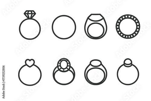 Ring Icon Set. Outline icon set of ring types: engagement ring, wedding band, signet ring, eternity ring, promise ring, cocktail ring, mood ring, birthstone