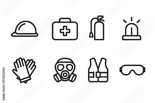 Safety Supply Icons. Outline icon set of supply drop safety and protection: safety helmet, first aid kit, fire extinguisher, emergency beacon, protective
