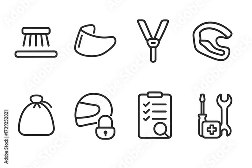 Helmet Care Icons. Outline icon set of helmet maintenance: cleaning brush, replacement visor, strap adjustment tool, padding replacement, storage bag, helmet