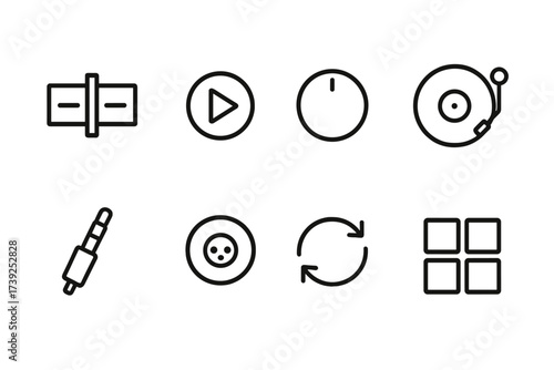 DJ Mixer Icon Set. Outline icon set of DJ mixer elements: crossfader, cue button, effect knob, vinyl turntable, headphone jack, microphone input, beat sync,