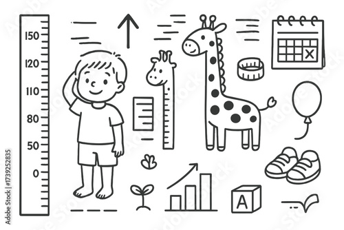 Child Growth Doodles. Height chart. Hand-drawn doodle illustration height chart child, ruler, giraffe figure, measuring tape, wall marks, growth lines,