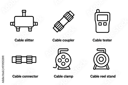 Cable Accessories Icons. Outline icon set of cable accessories: cable splitter, cable coupler, cable adapter, cable tester, cable connector, cable clamp, cable